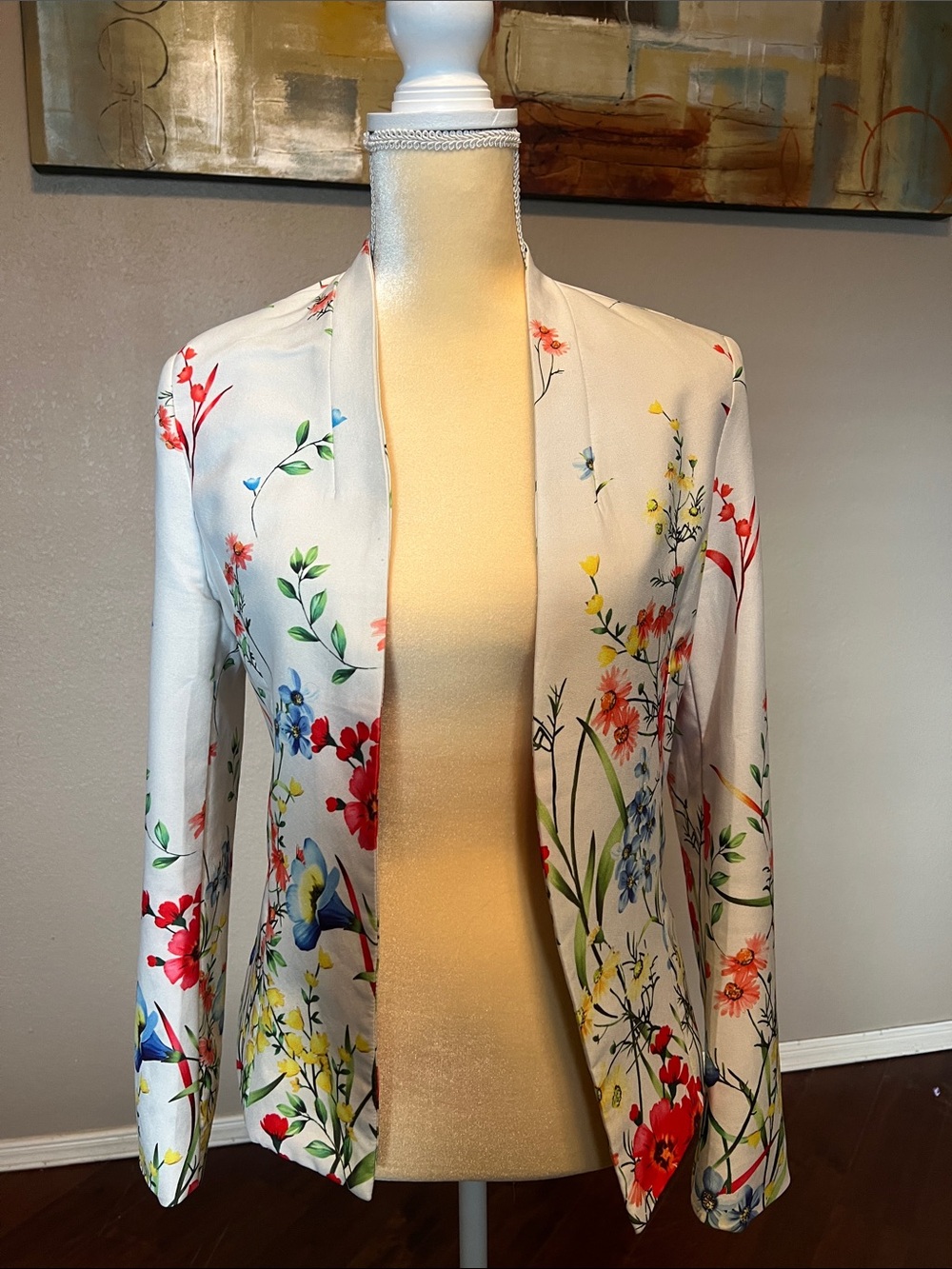 Floral Open Front Women's Blazer Jacket - White Multi